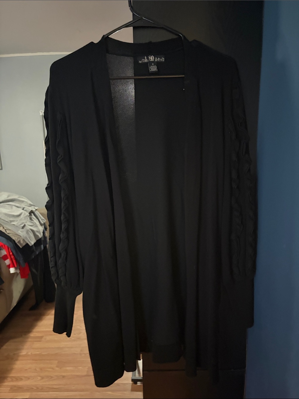 Women's Black Open-Front Cardigan with Braided-Sleeve Detail